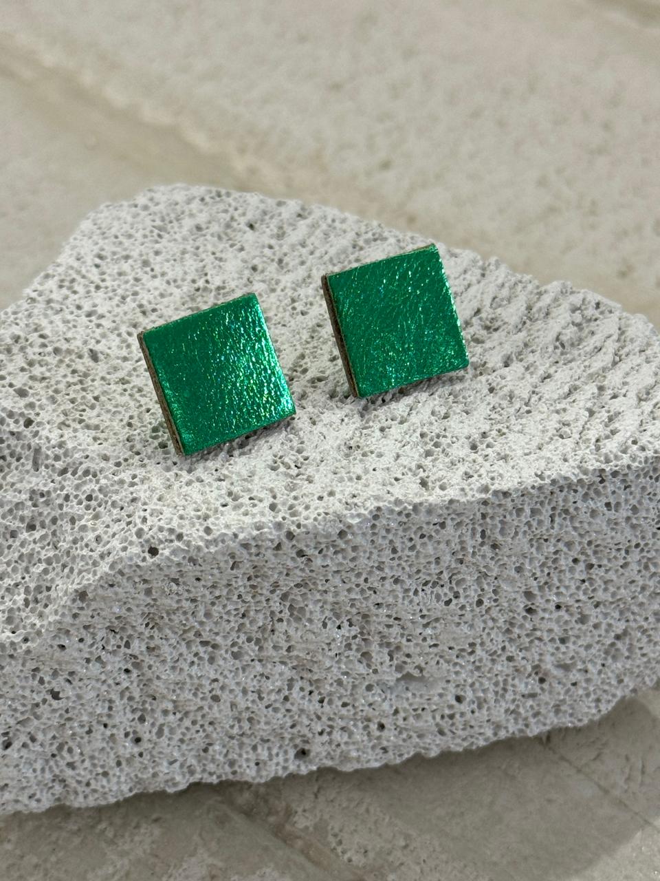 Slow-fashion rainbow leather square earrings, contemporary jewelry design by Iskin Sisters