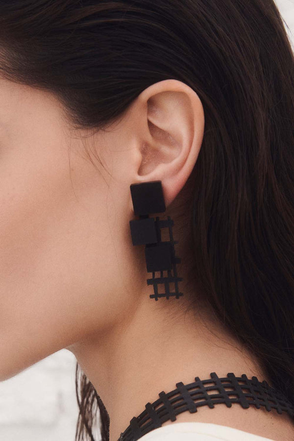 Boucles d'oreilles Bauhaus Grande - Argent, Noir et Or