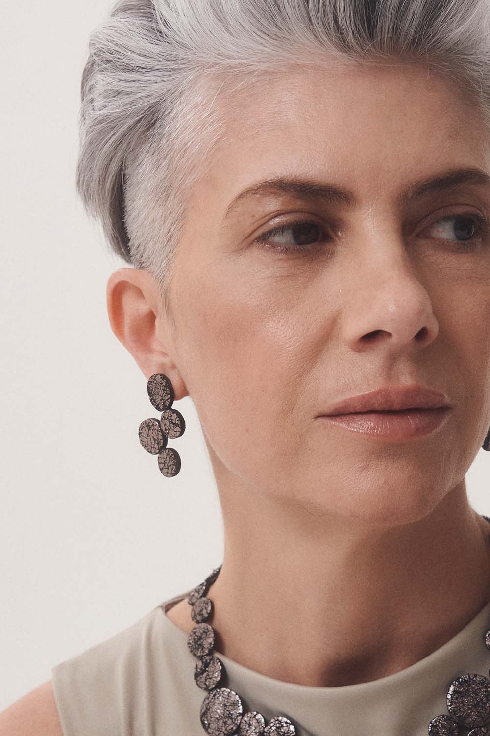 Abstraction Earrings Small - Crackled Pewter Leather