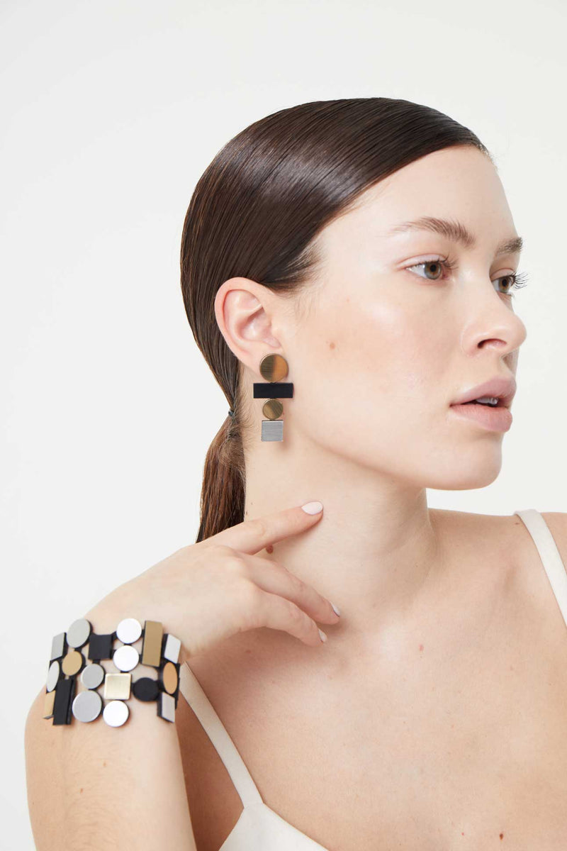 Boucles d'oreilles Bauhaus Grande - Argent, Noir et Or