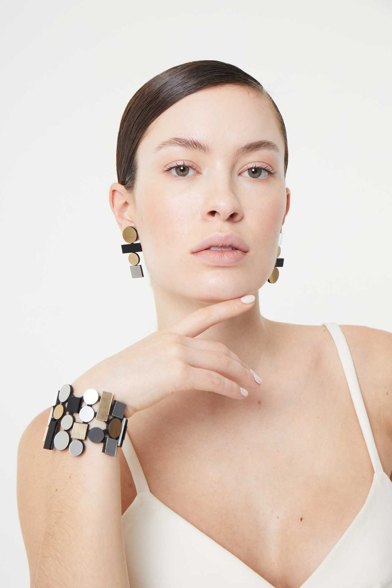 Boucles d'oreilles Bauhaus Grande - Argent, Noir et Or