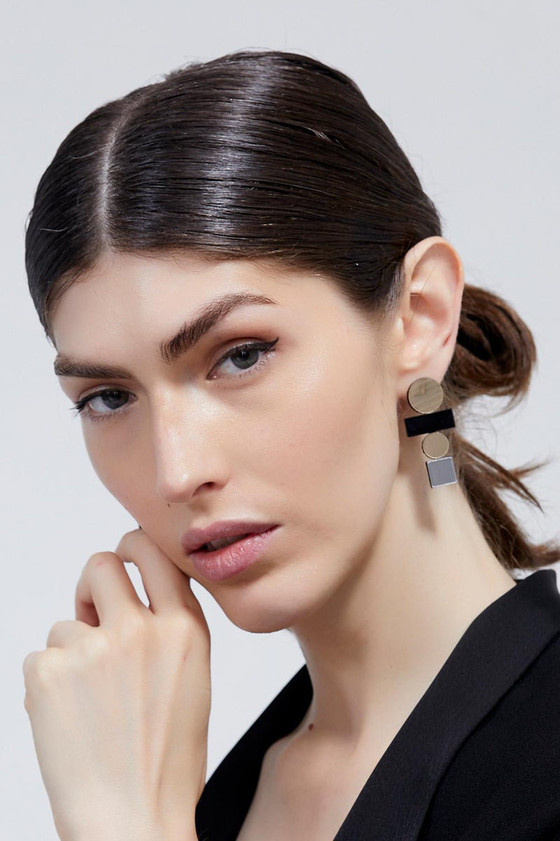 Boucles d'oreilles Bauhaus Grande - Argent, Noir et Or