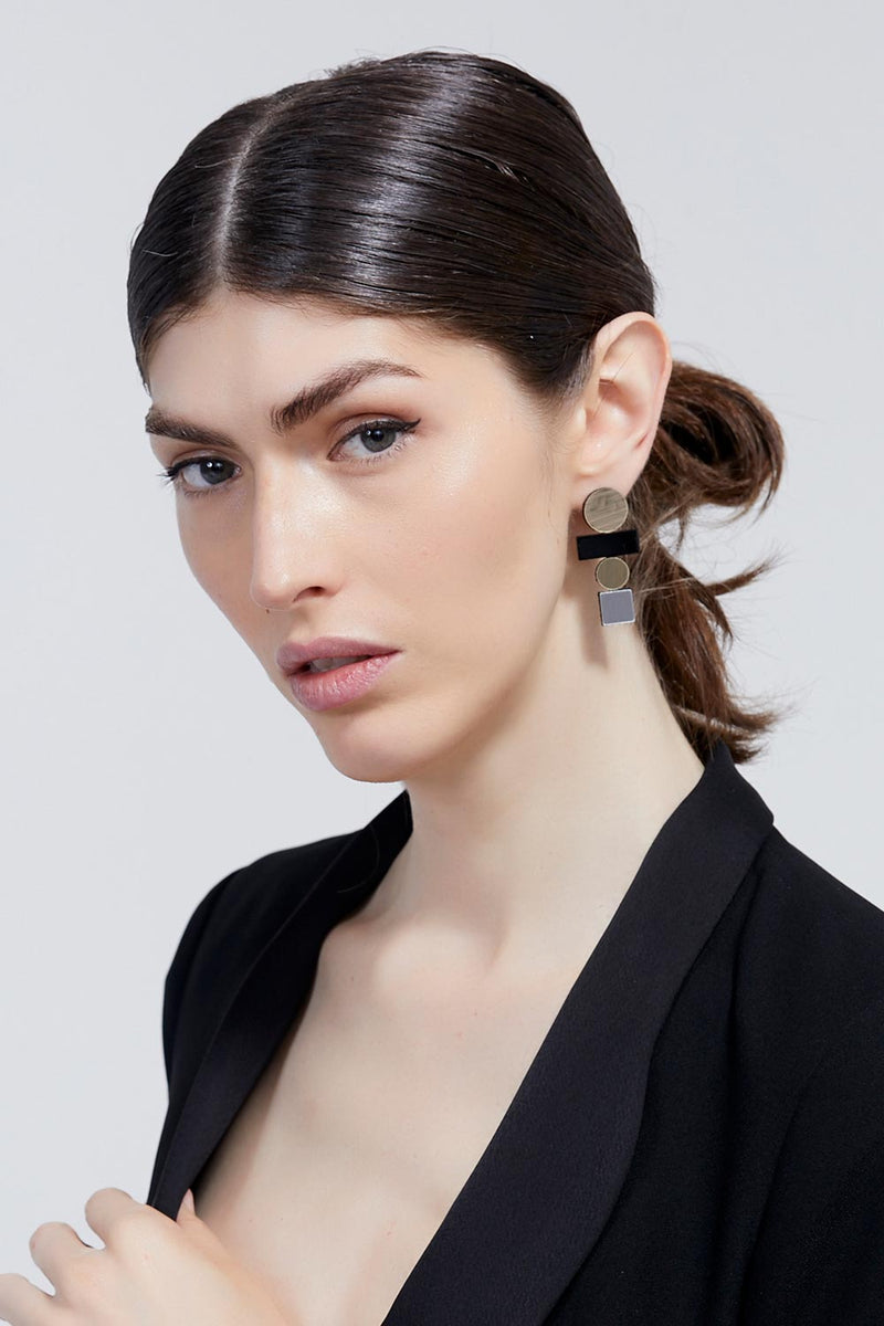 Boucles d'oreilles Bauhaus Grande - Argent, Noir et Or