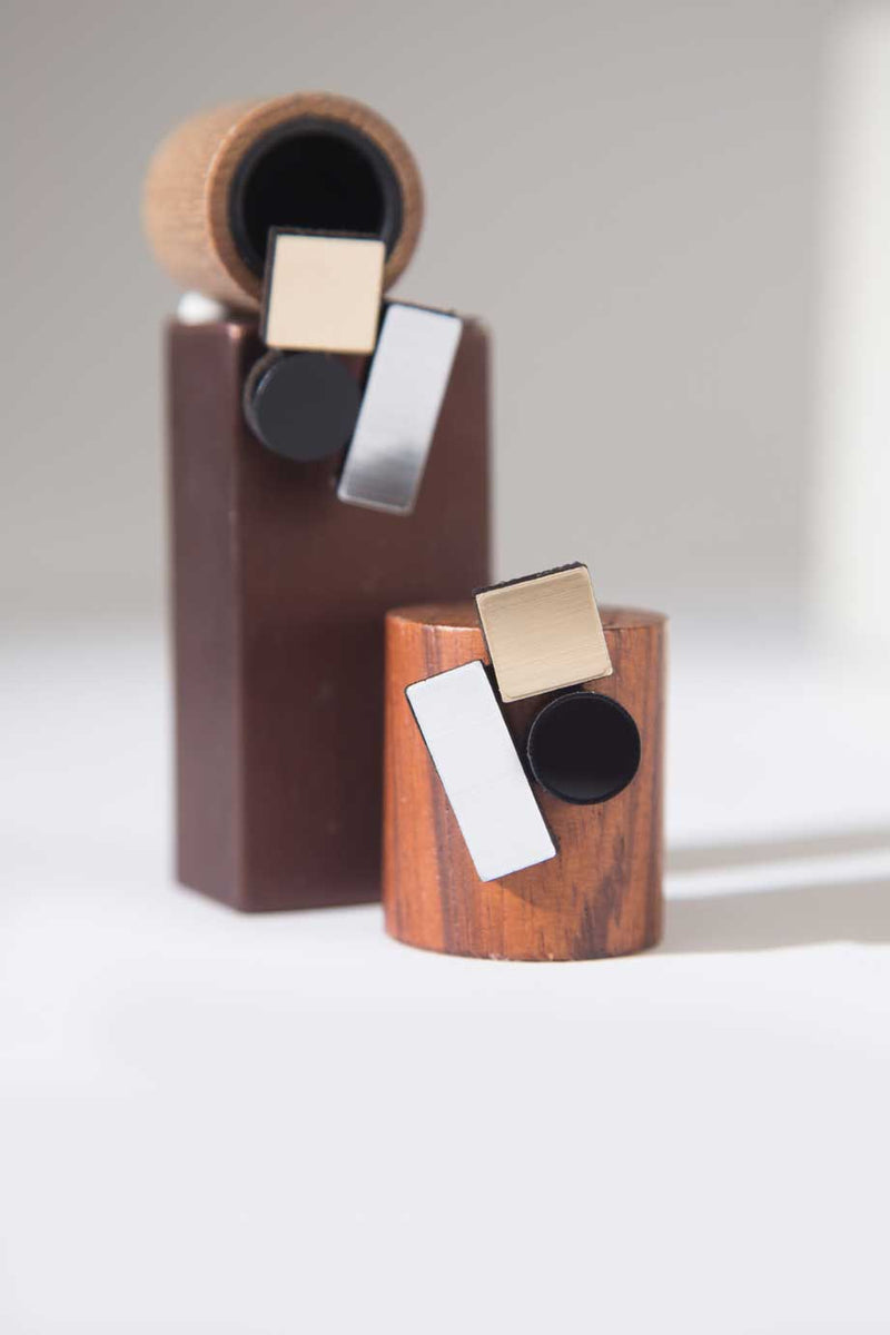 Boucles d'oreilles Bauhaus Petites - Argent, Noir et Or