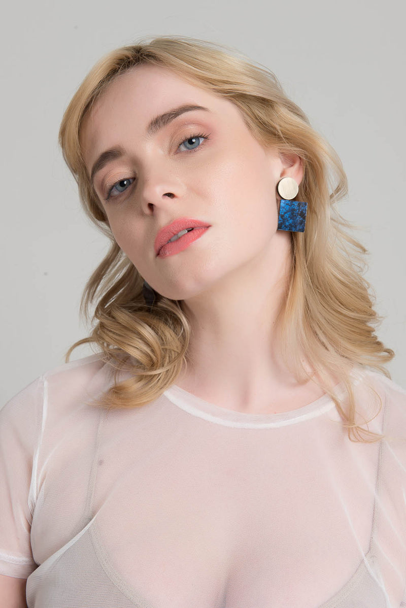 Kaia Earrings - Circle/Square - Gold & Blue Marble