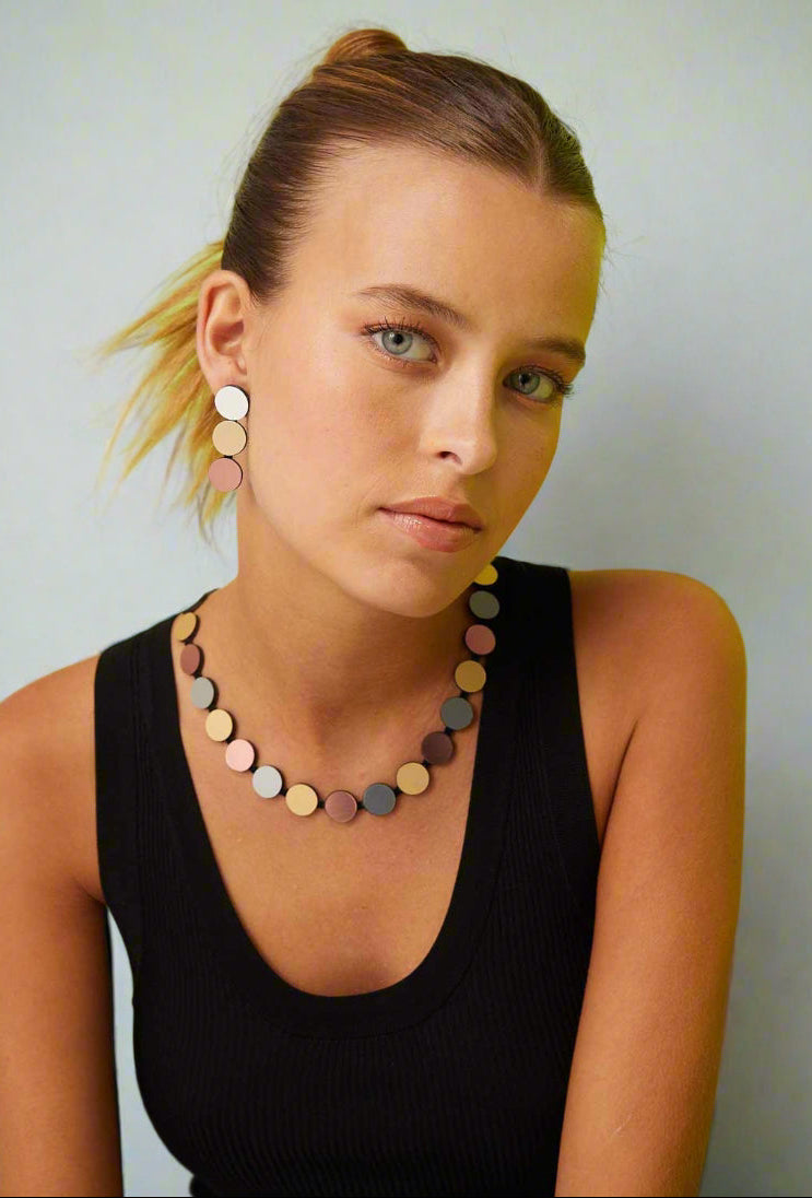 Silver, gold and rose gold acrylic strand necklace from the Abstraction collection by Iskin Sisters