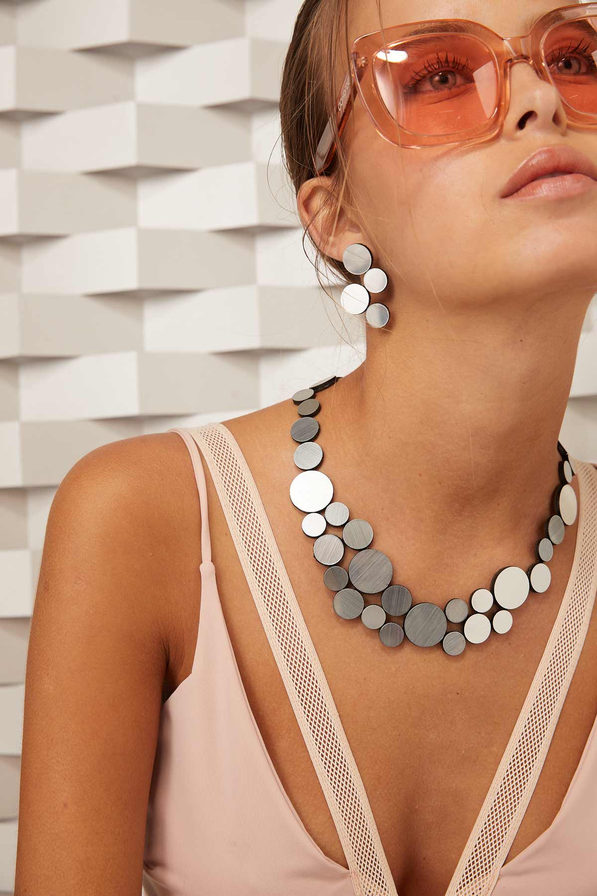 Handmade Abstraction small necklace in silver acrylic with magnetic clasp, Iskin Sisters design