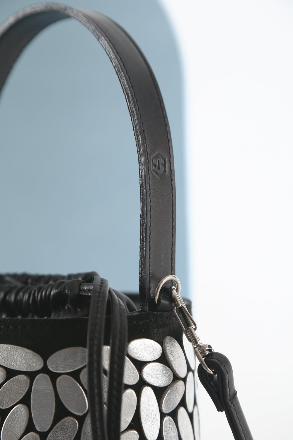 Emma collection silver leather bucket bag, contemporary handmade accessory by Iskin Sisters