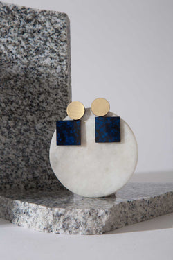 Kaia Earrings - Circle/Square - Gold & Blue Marble