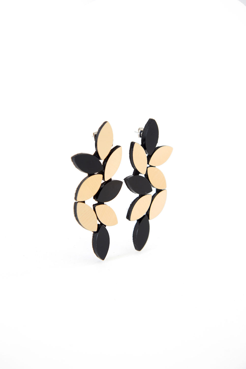 Kate Leaves Earrings Large - Black/Gold