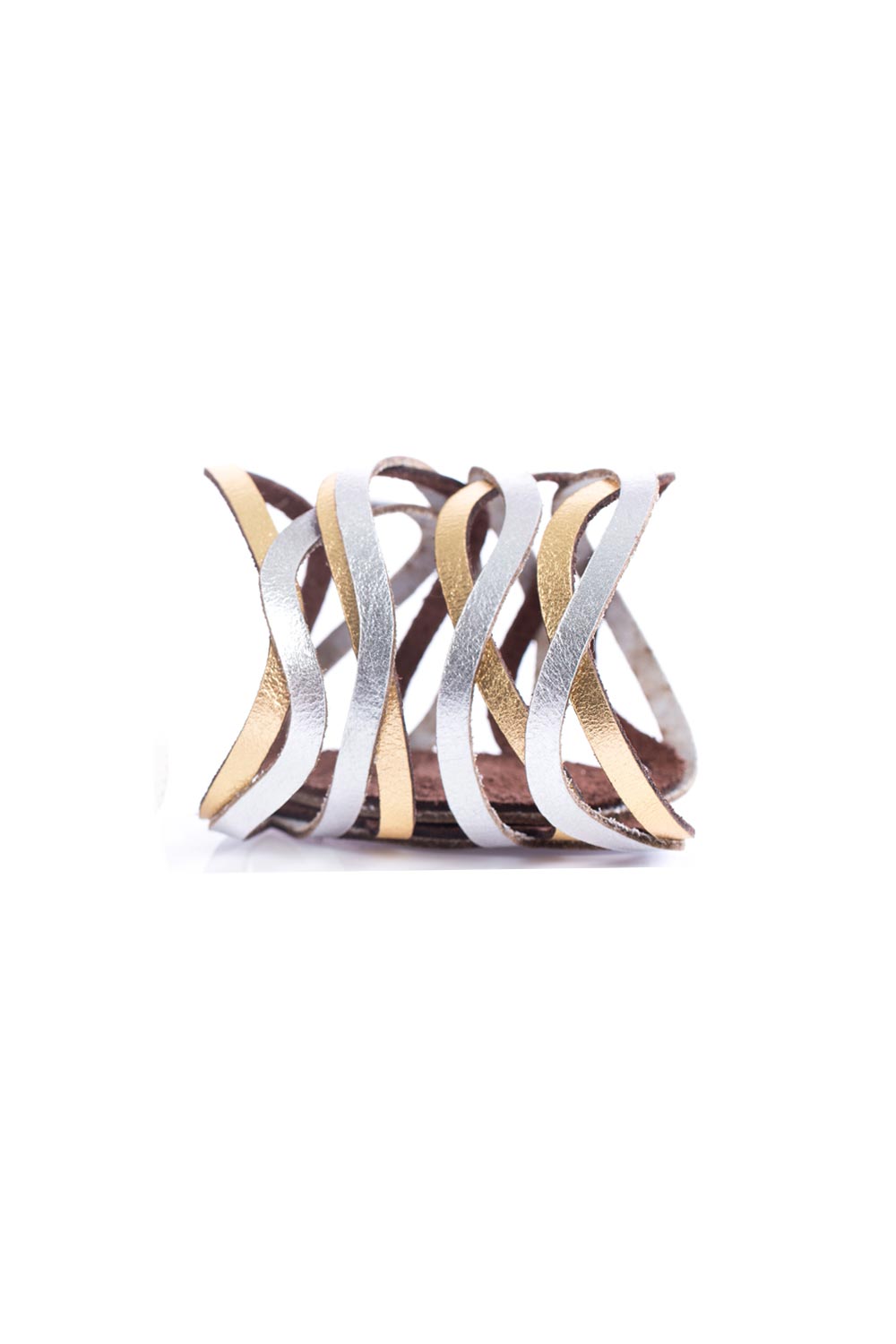Iskin Sisters Curves Duo bracelet: two layers of silver and gold leather, contemporary jewelry