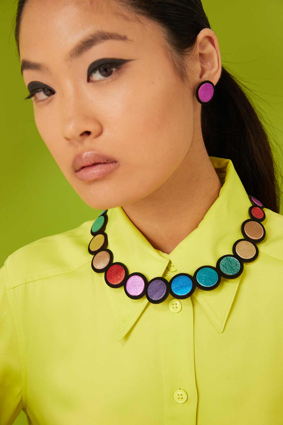 Iskin Sisters Rainbow collection small earrings in multicolor leather, contemporary design