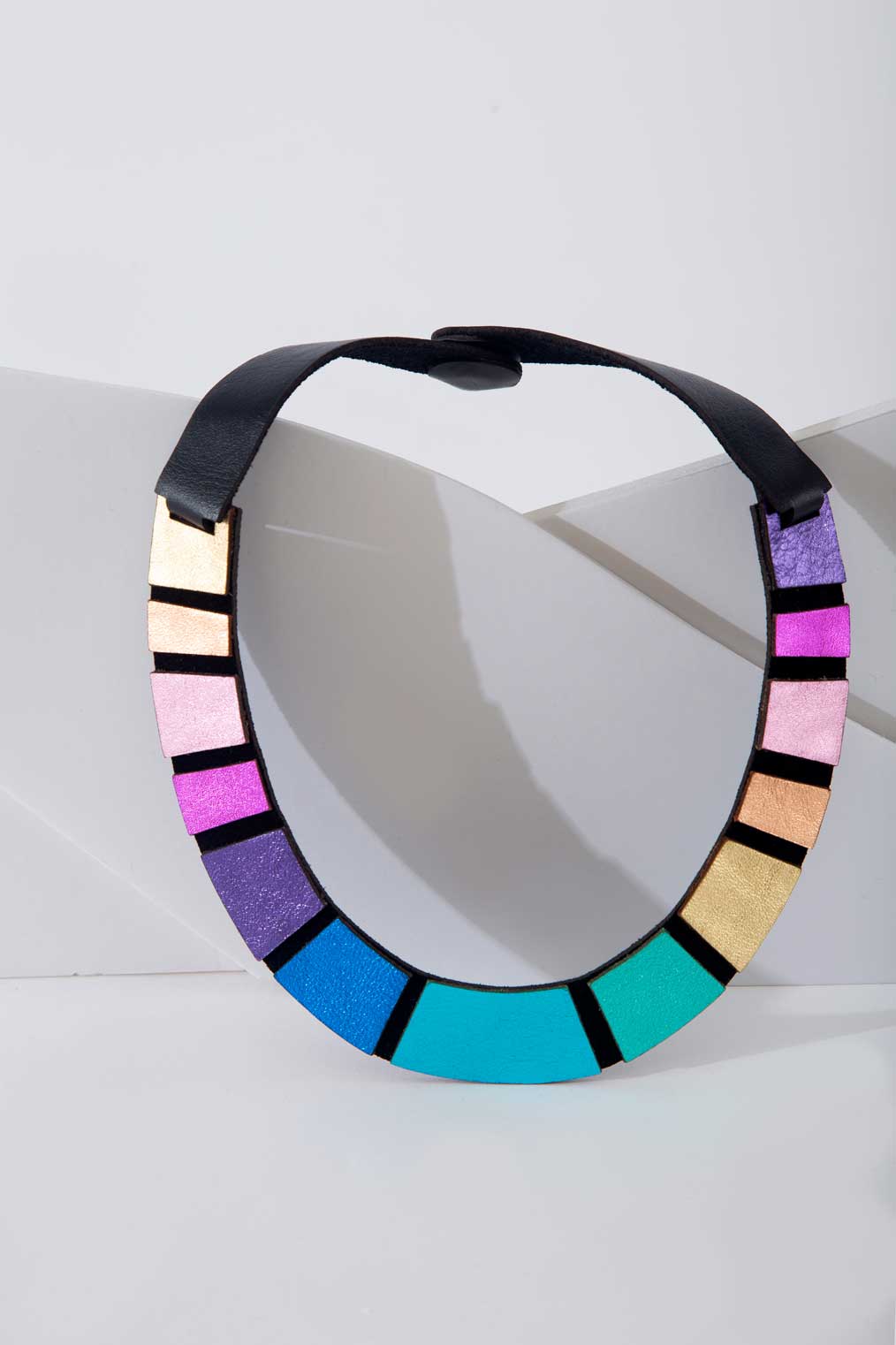 Iskin Sisters Rainbow collection round bib necklace in multicolor leather, handmade jewelry