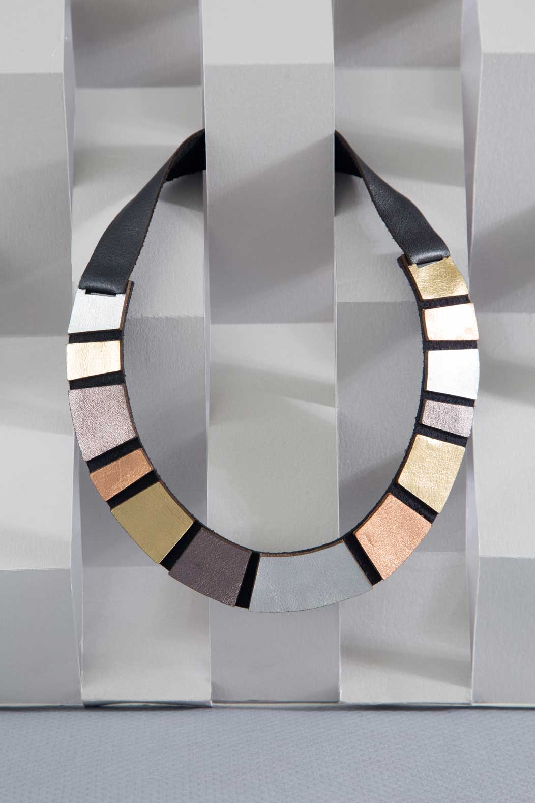 Iskin Sisters Rainbow collection round necklace in metallic hand-cut leather, handmade jewelry