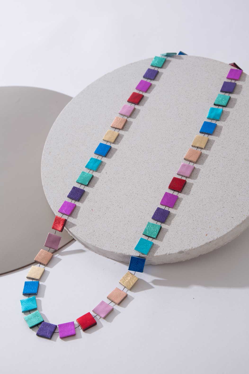 Iskin Sisters Rainbow collection long square necklace in multicolor leather, handmade jewelry