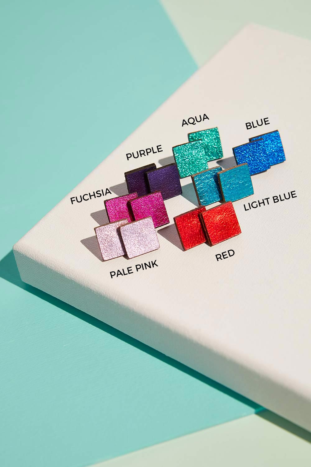 Contemporary square earrings in hand-cut leather, Rainbow collection by Iskin Sisters, handcrafted by Iskin Sisters