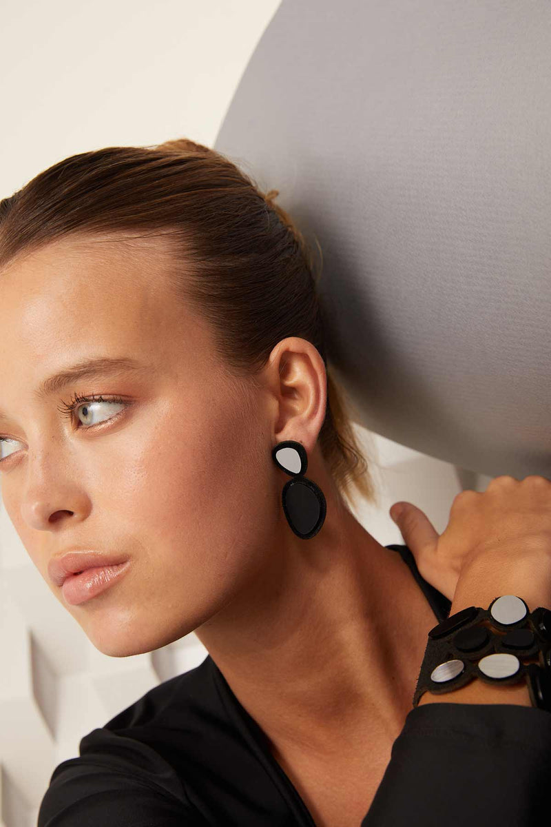 Boucles d'Oreilles Pierre - Argent+Noir