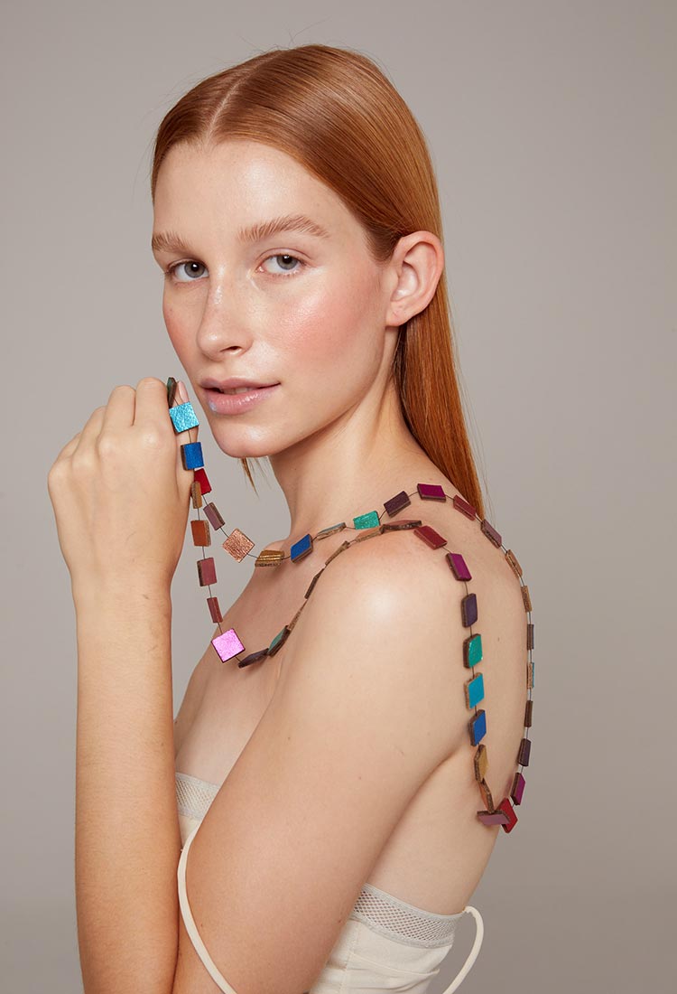 Contemporary long necklace in hand-cut leather squares, Rainbow by Iskin Sisters, handcrafted by Iskin Sisters